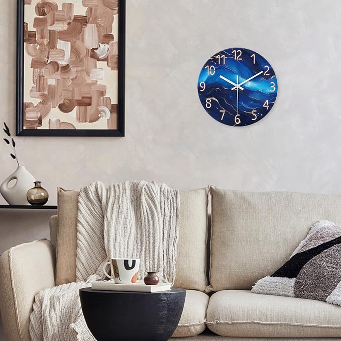 Glass Blue Wall Clocks Battery Operated 16 Inch Marble Pattern Big Clock - Image 2