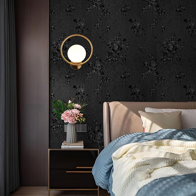 Black Peel and Stick Wallpaper Floral Black Wallpaper 17.7inch x 393.7inch - Image 3