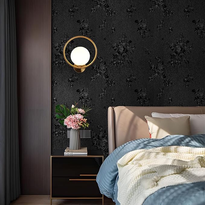 Black Peel and Stick Wallpaper Floral Black Wallpaper 17.7inch x 196.8inch - Image 3