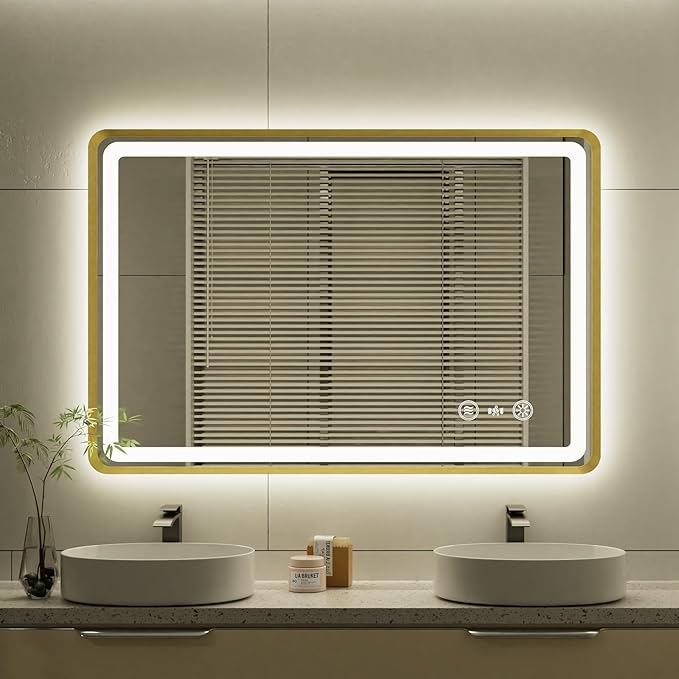 24x36 Inch Gold Framed LED Bathroom Mirror, Smart Bathroom Mirror by Unknown