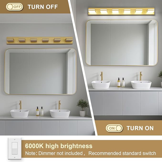 Modern LED Bathroom Lights Fixtures 6-Light, Metal Gold Acrylic Wall Lighting - Image 3