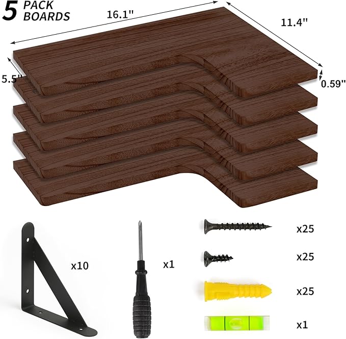 Fixwal Floating Shelves for Wall Set of 5, Rustic Wood Wall Mounted Corner - Image 3