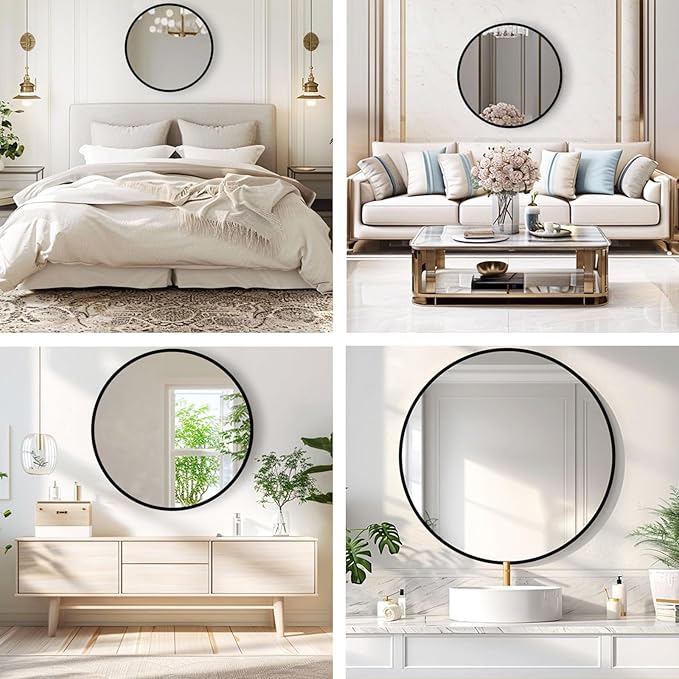 Round Black Mirror, 30 Inch Circle Black Mirror, Metal Frame Round Wall Mounted - Image 5