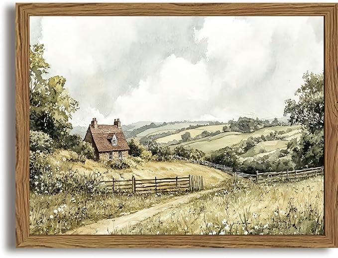 Framed Vintage Canvas Wall Art, Cottage Landscape Wall Decor Paintings by Unknown