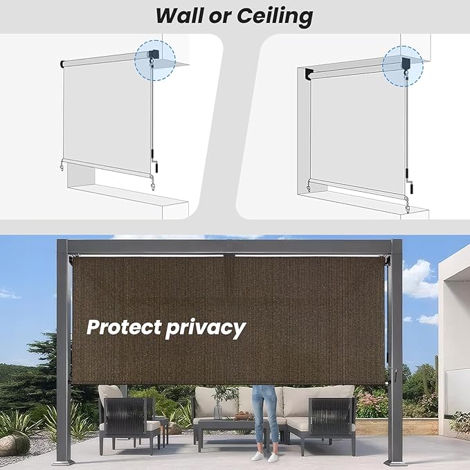8'W x 6'H Mocha Patio Shades Roll up Outdoor Roller Shade Crank Wand Blind - Image 6