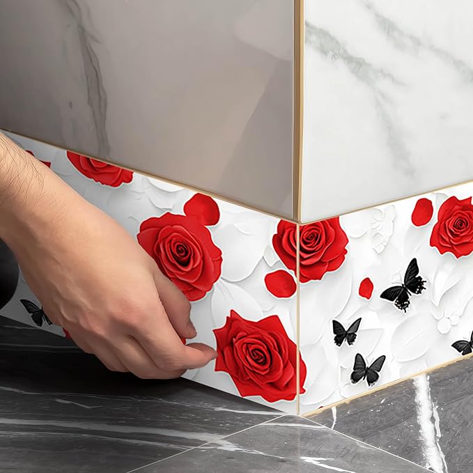 IVN Red Rose Black Butterfly Peel and Stick Wallpaper Border 4 x 196 Inch Self - Image 8