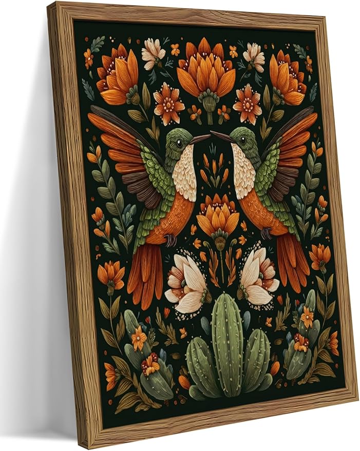 Framed Mexican Hummingbird Wall Art, Vintage Birds Animal Canvas Wall Decor by Unknown