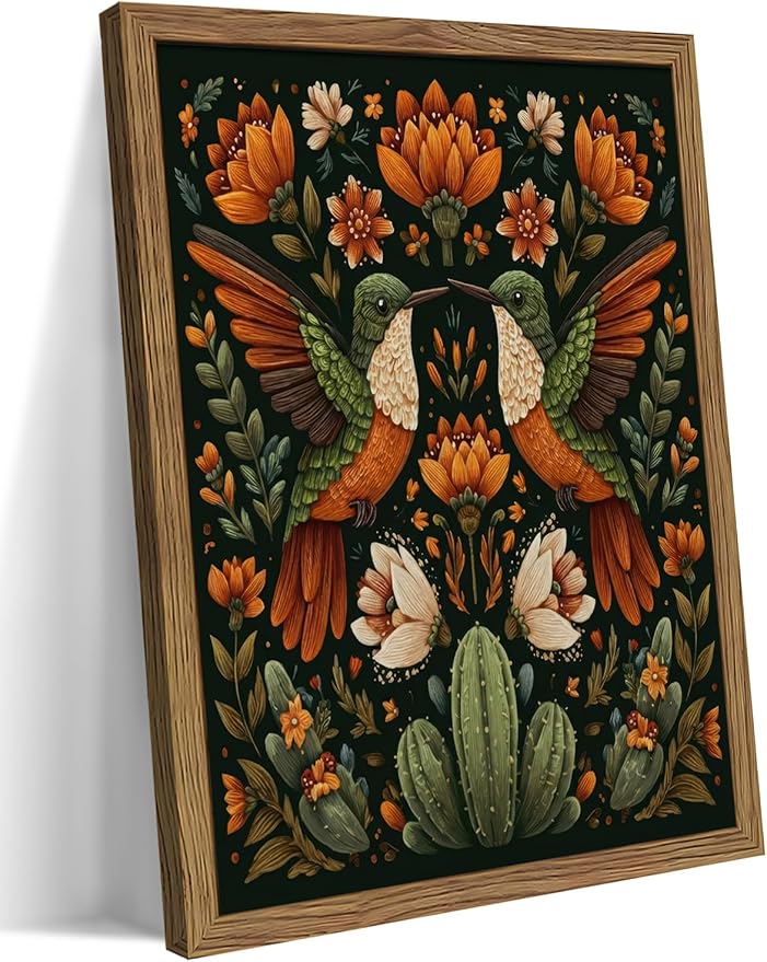 Framed Mexican Hummingbird Wall Art, Vintage Birds Animal Canvas Wall Decor by Unknown