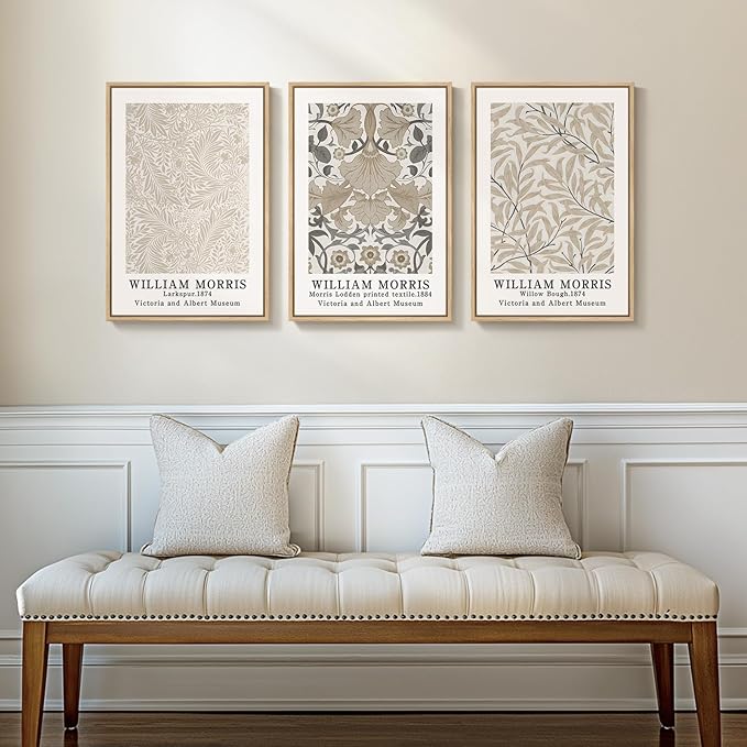 Framed Large William Morris Canvas Wall Art Set of 3, Vintage Neutral Botanical - Image 3