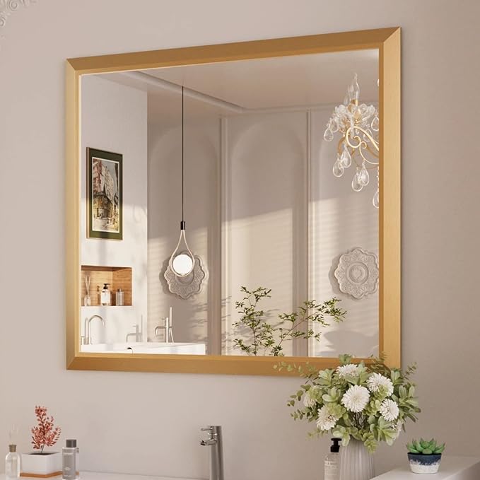 Amorho Bathroom Mirror, 40x36 Inch Golden Thick Metal Framed Wall Mirrors by Amorho
