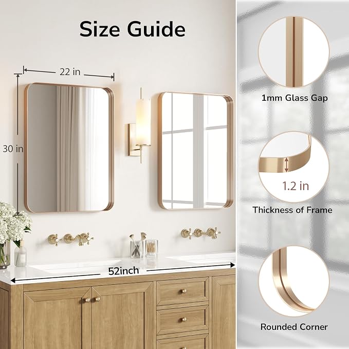 USHOWER Gold Bathroom Mirror 22"x30", Brushed Gold Rectangle Mirror - Image 2