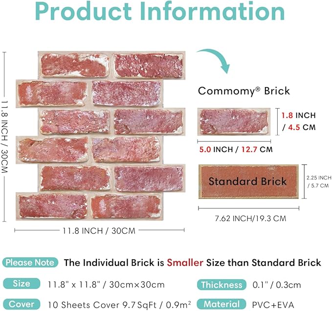 Commomy 10 Pcs Peel and Stick Brick Tile -11.8"X11.8" Small Size PVC 3D Faux - Image 5