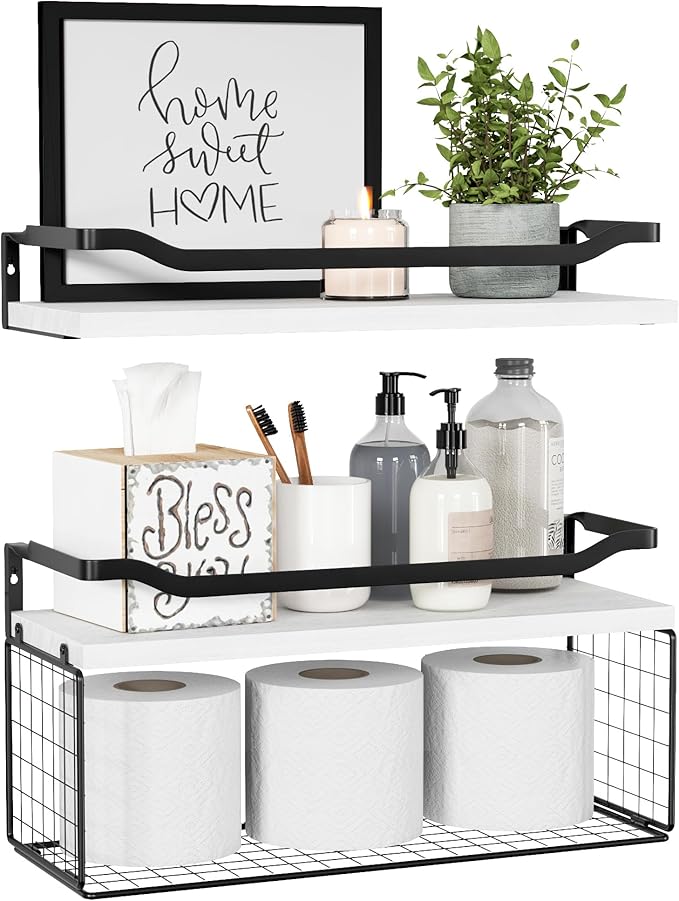 WOPITUES Floating Shelves with Wire Storage Basket, Bathroom Shelves Over by WOPITUESOfficial