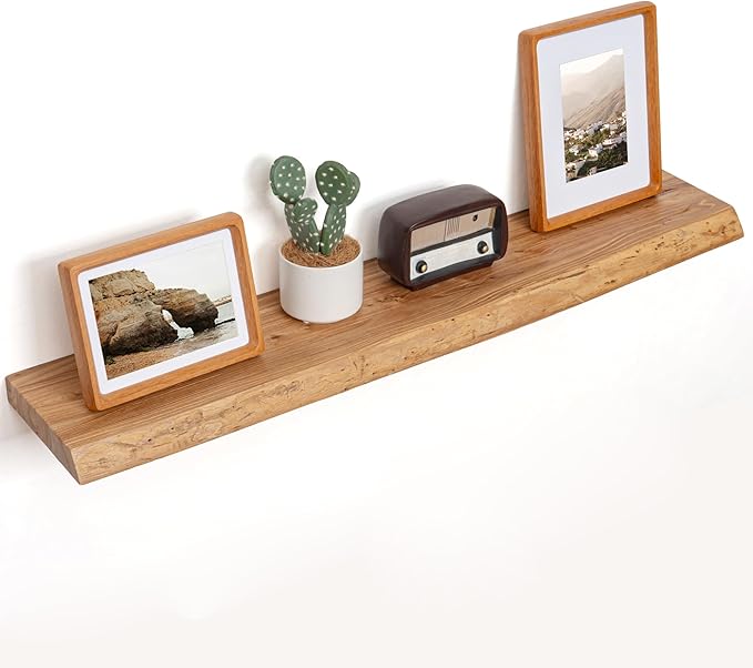 Floating Shelves for Wall Decor, Rustic Solid Elm Wood Live Edge Floating by FLYJOE
