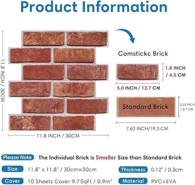 COMSTICKC 3D Faux Red Brick Wall Panel Peel and Stick, Small Brick, Ultra-Light - Image 4