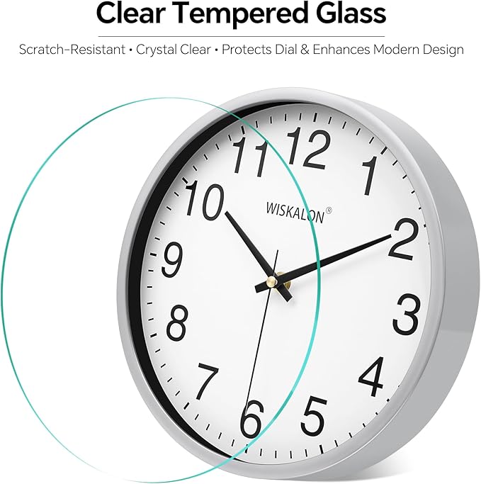 WISKALON 10 Inch Wall Clock, Silent Non-Ticking Round Silver Frame Clock - Image 2