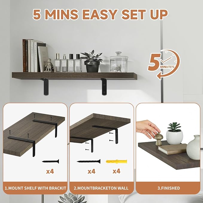 Easy Install Floating Shelves, 15.7 Inch Wall Mounted Wood Shelf, Hanging Shelf - Image 2
