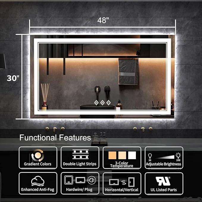 LED Vanity Mirror, 48x30 Inch Gradient Front and Backlit LED Mirror - Image 2