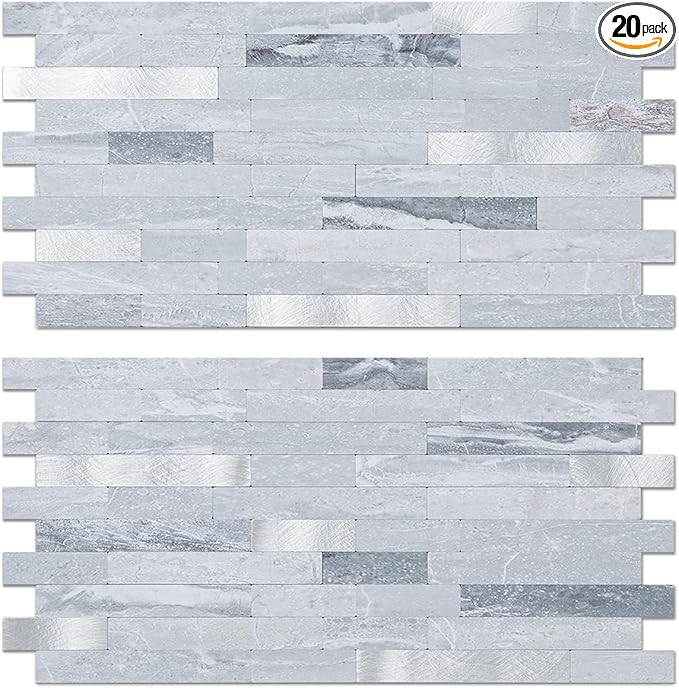AULIGET 20 Sheets Faux Stone Peel and Stick Backsplash, Light Grey Marble Look by AULIGET
