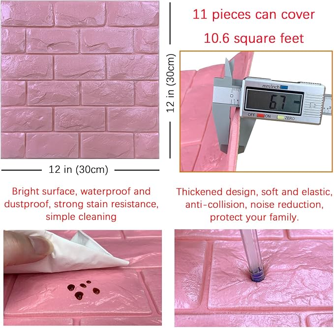 11PCS 3D Wall Panels Peel and Stick Faux Brick Wallpaper Pink Self Adhesive - Image 5