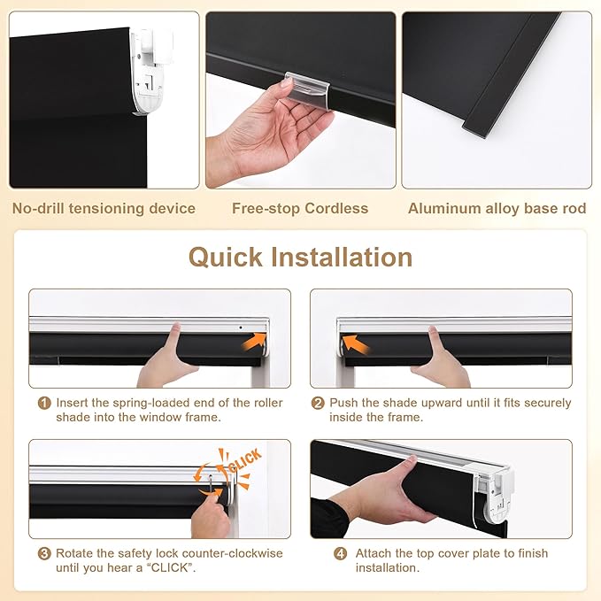 SUNOFF No Drill Tools Cordless Blackout Roller Shades Blinds - Image 2