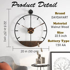 Modern Wood Walnut Dial Wall Clock, Large Simple Wall Decor Metal Frame Silent - Image 3