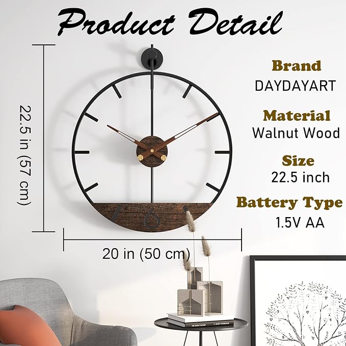 Modern Wood Walnut Dial Wall Clock, Large Simple Wall Decor Metal Frame Silent - Image 3