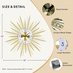 23 inch Gold Starburst Wall Clock, Silent Non-Ticking Large Modern Starburst - Image 2