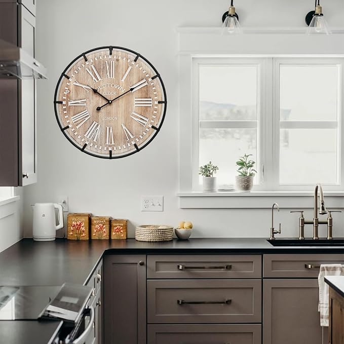20 Inch Grand Farmhouse Wall Clock, Vintage-Inspired Wood & Metal Design - Image 5