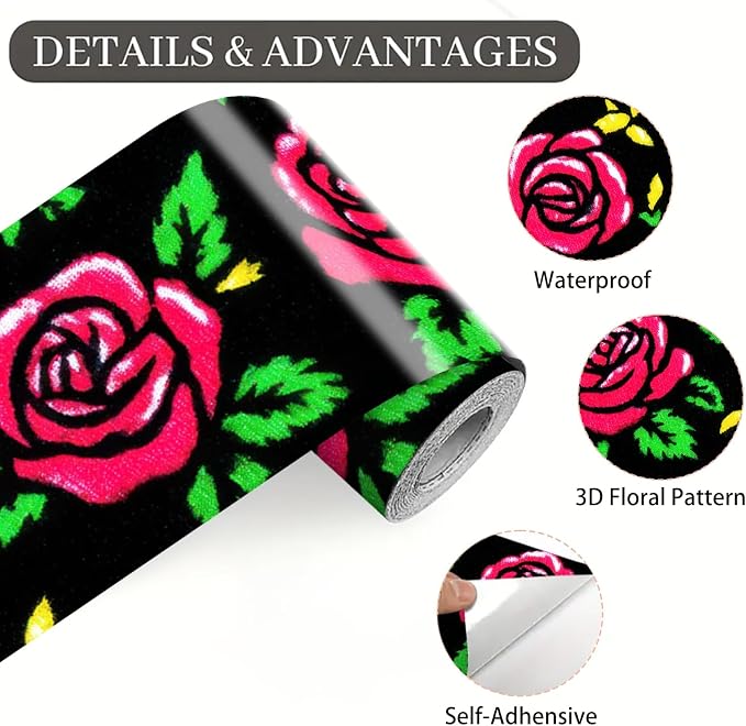 Red Rose Wall Border 196x4 Inch Peel and Stick Floral Wallpaper Border Black - Image 8