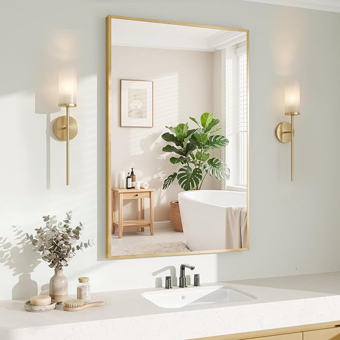 Koonmi Gold Rectangle Wall Mirror, 20x30 Inch Bathroom Mirror, Aluminum Frame by KOONMI