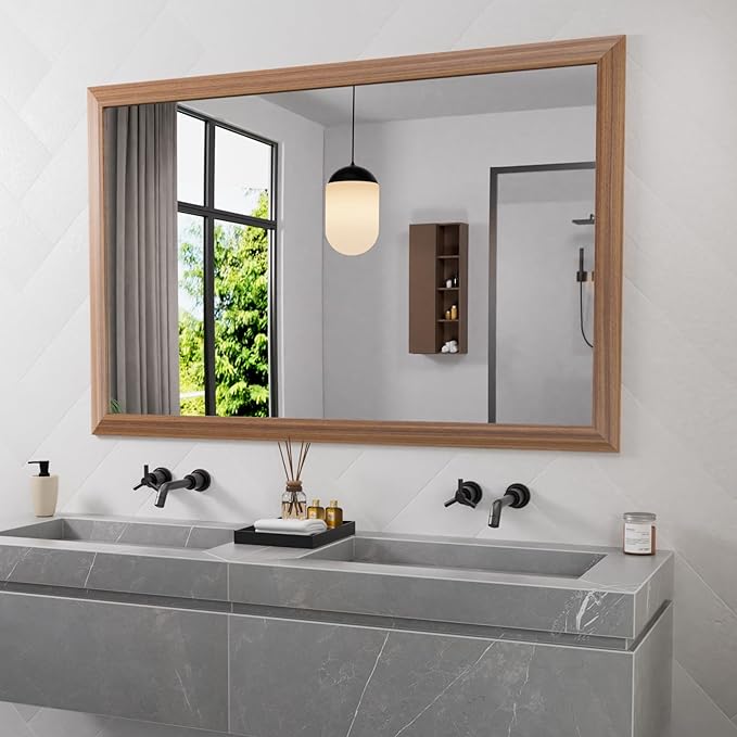 Amorho Bathroom Mirror, 50 X30 Inch Wall Mirror, Walnut Wood Grain Metal Framed by Amorho