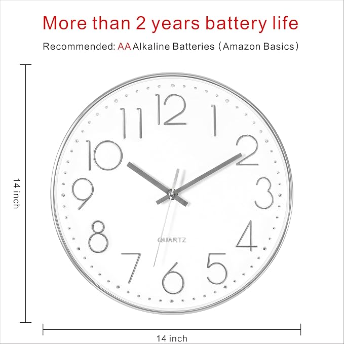 Foxtop Large Silver Wall Clock 14 Inch Silent Non-Ticking Battery Operated - Image 2