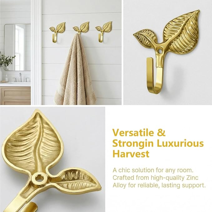 Set of 4 Vintage Leaf Wall Hooks Golden Metal Coat Hooks Heavy Duty Decorative - Image 5