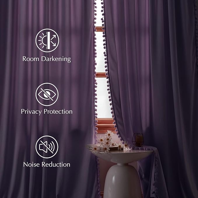 NICETOWN Lilac Purple Pom Pom Velvet Curtains 84 Inch Length - Image 4