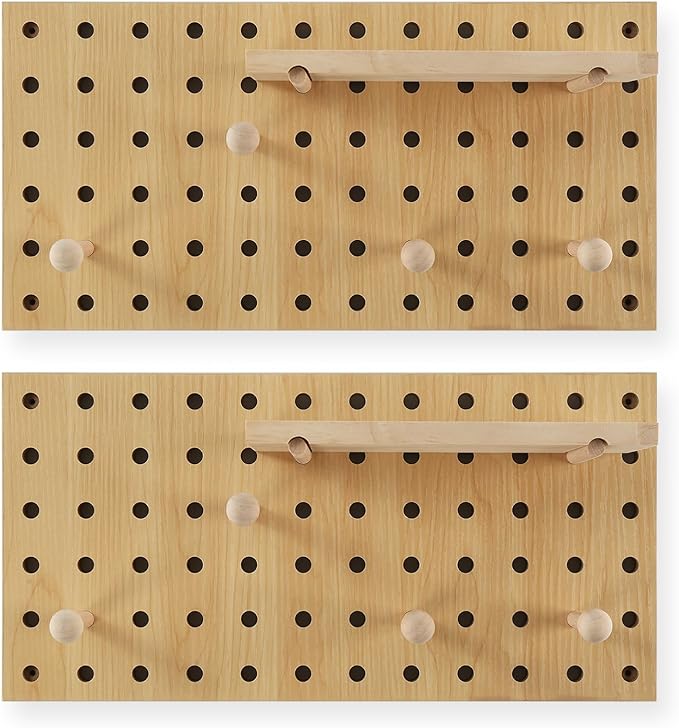 2 Pack Beige Wooden Pegboard, Modular Wall Organizer Storage Shelf - Image 2