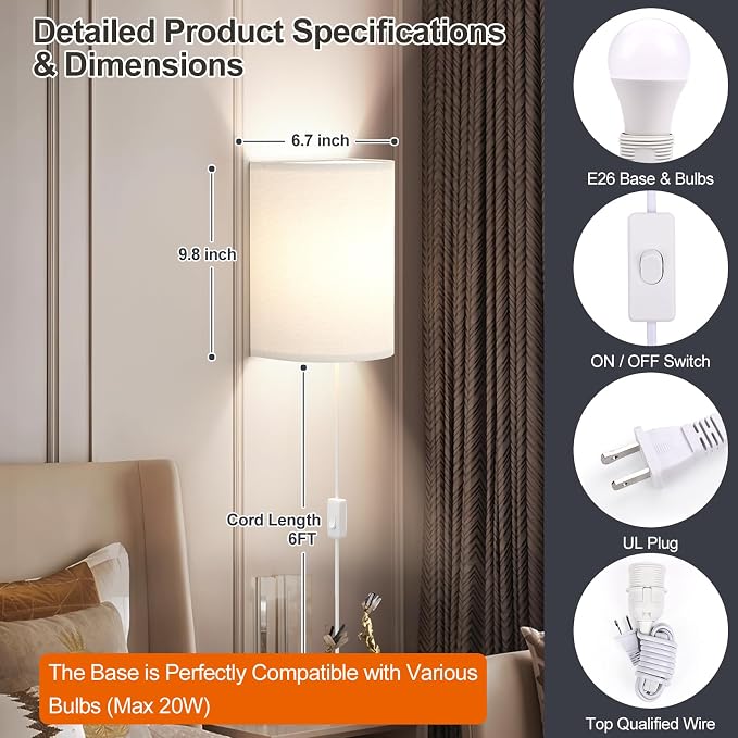 Plug in Wall Sconces Set of Two: Wall Lights - Image 6