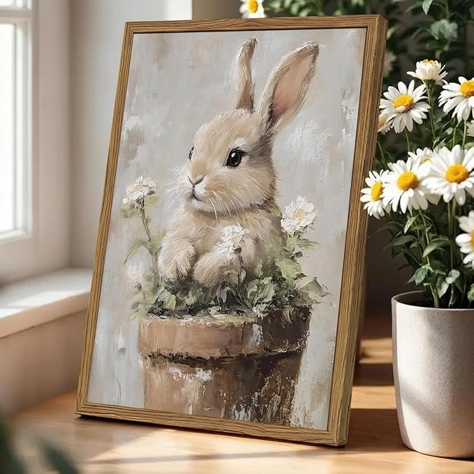 Framed Vintage Easter Bunny Wall Art, Cute Cottagecore Rabbit Floral Pictures - Image 5
