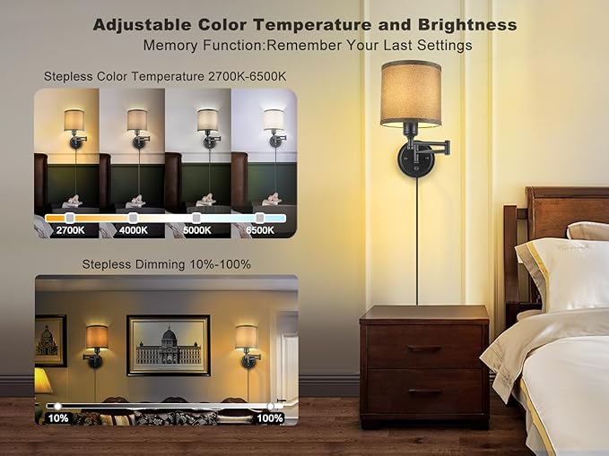 Plug in Wall Sconces with Remote Control, Dimming 10%-100% & Adjustable Colors - Image 2