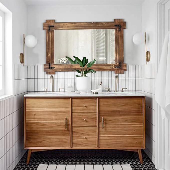 MeMoreCool Rustic Wood Mirror for Bathroom, Farmhouse Wall Mounted Vanity Mirror - Image 2