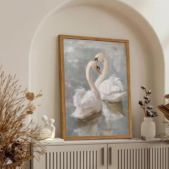 Framed Vintage Swan Canvas Wall Art, Romantic White Swan Paintings Wall Decor - Image 5