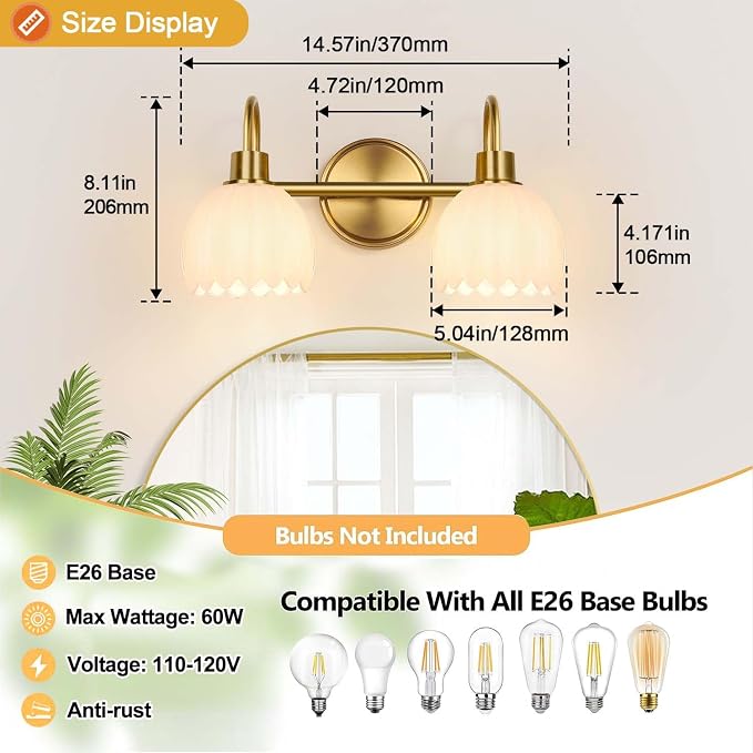 Bathroom Light Fixtures, 2-Light Gold Vanity Light Fixtures - Image 8