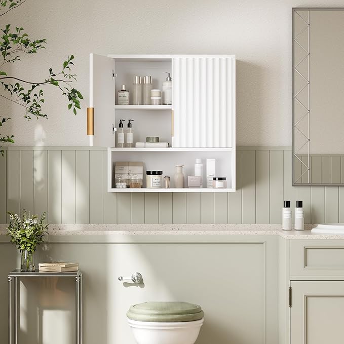 VINGLI White Bathroom Wall Cabinet, Modern Fluted Medicine Cabinet - Image 2