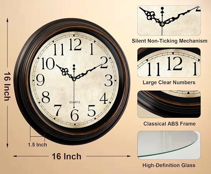 Vintage Wall Clock 16 Inch Quartz Silent Non-Ticking Analog Clock Battery - Image 3