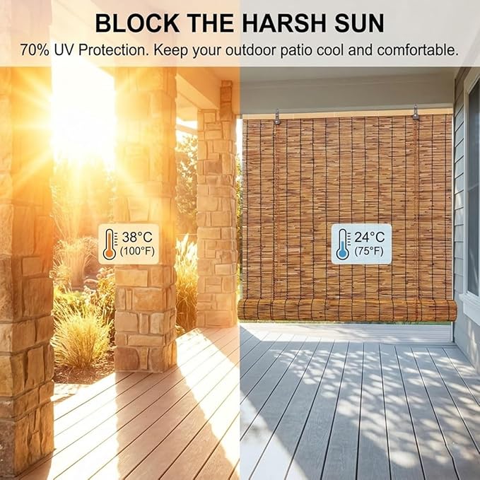 Outdoor Bamboo Roller Blinds 72 84 108 64 48 36" W, Natural Reed Patio Shades - Image 8