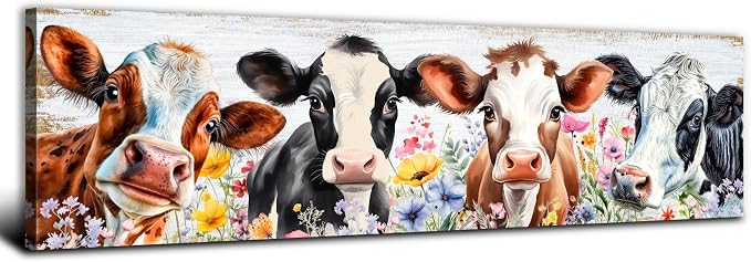 Country Cow Canvas Wall Art Kitchen Wall Decor Vintage Funny Cattle Flowers by AREBOLOLLC