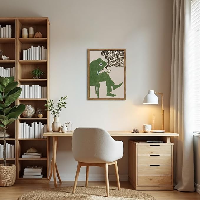 Funny Frog Smoking Wall Art Whimsical Green Frog Wall Decor Painting Cute - Image 4