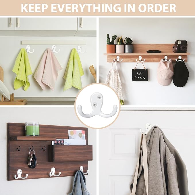 Homanu 34 Pack Coat Hooks, Heavy Duty Double Prong Coat Hooks Wall Mounted - Image 2