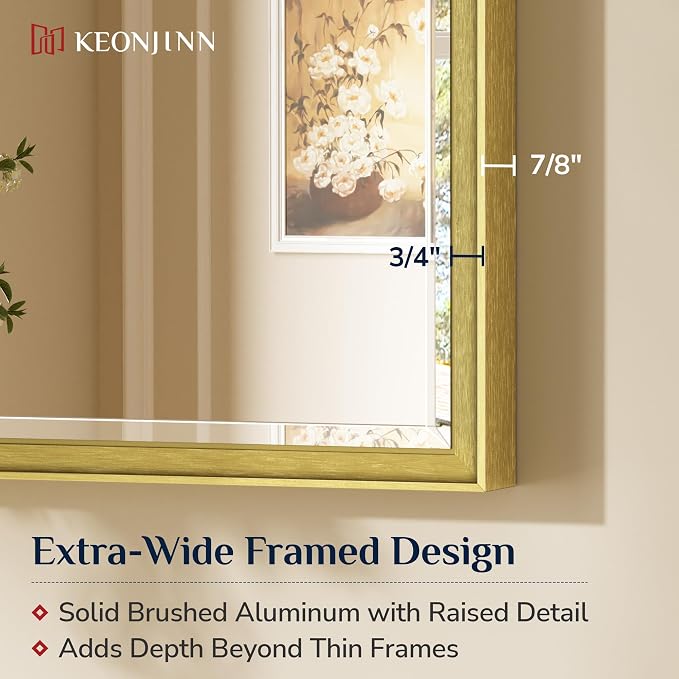 Keonjinn Brushed Gold Bathroom Mirror 24" x 30", Beveled Edge Tempered Glass - Image 2