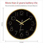 Foxtop Black Gold Wall Clock 12 Inch Silent Non-Ticking Battery Operated Round - Image 2